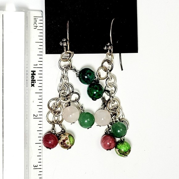 Genuine Agate Round Bead Multicolor Silver Tone Necklace & Drop Earrings Set New - Picture 8 of 11